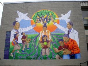 Mural entitled "There Is a Hero Within You," located at Donoghue School in Chicago, Illinois