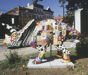 "Alphabetosaurus," 2003 sculpture by Carl Goldman at the Carnegie Museum of Natural History in Pittsburgh, Pennsylvania